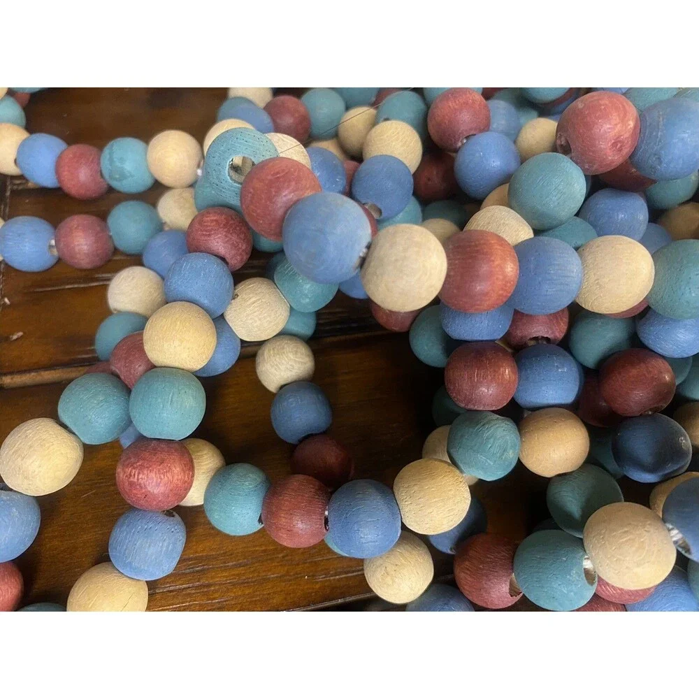 Christmas Wooden Bead Garland Primitive Rustic 4 Strands 8’ Holiday Tree Decor
